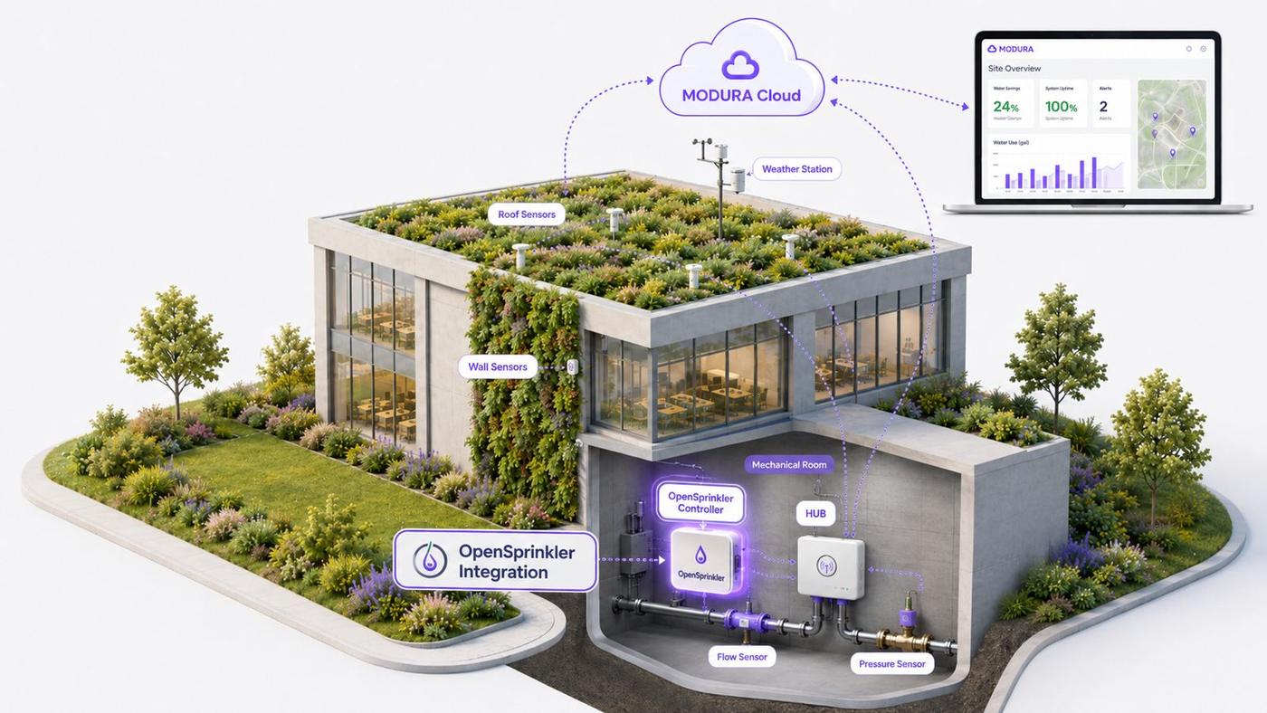 Diagram of MODURA connecting sensors, controllers and the cloud