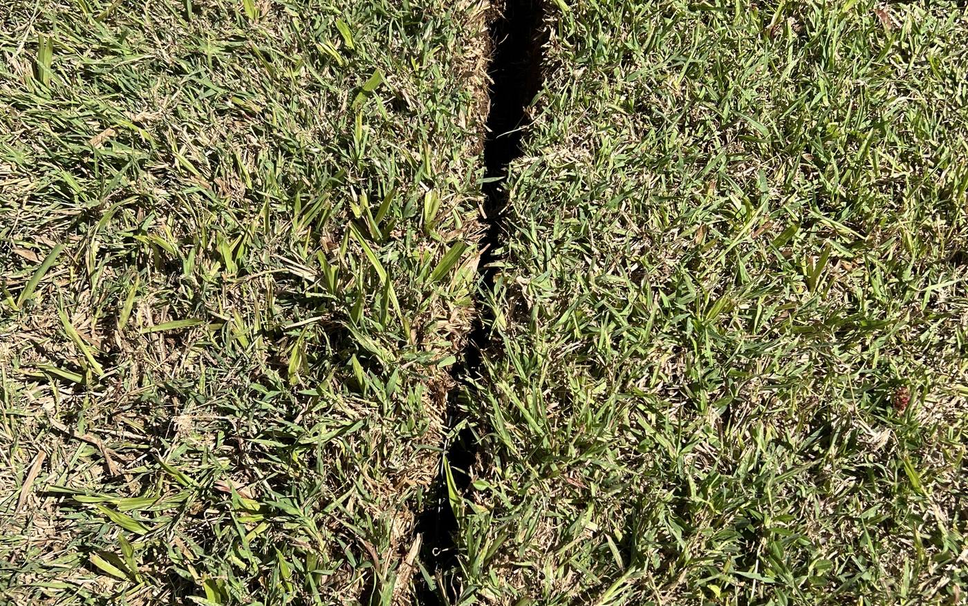 Narrow slit trench cut into turf for a sensor cable