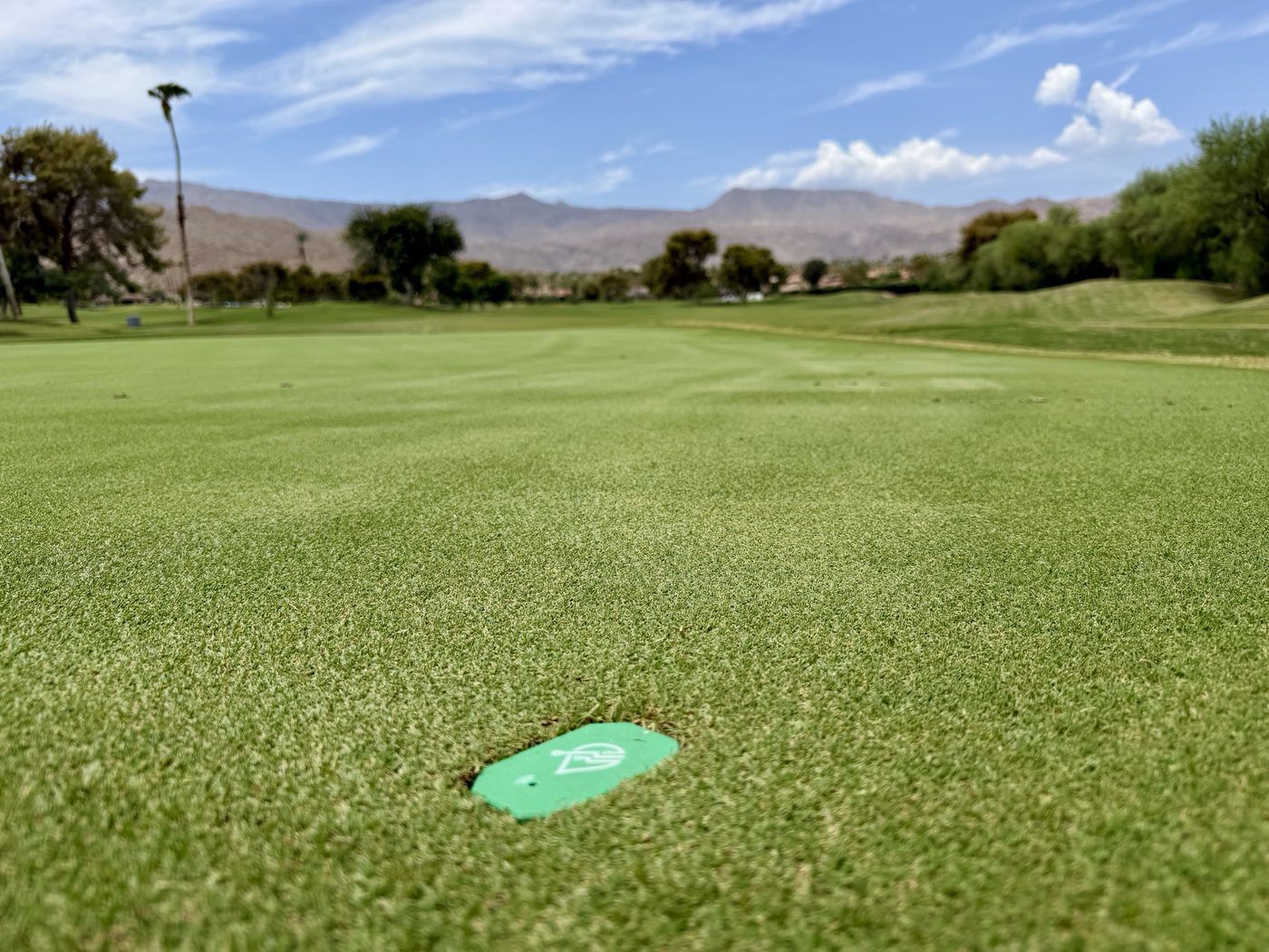 Flush-mounted wireless soil sensor in a putting green with mountains behind