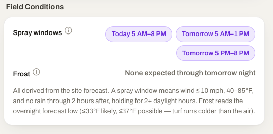 MODURA field conditions card: spray windows and frost